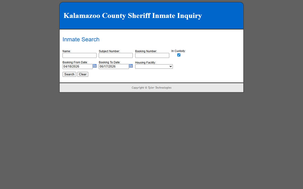 Kalamazoo County inmate records roster search fields